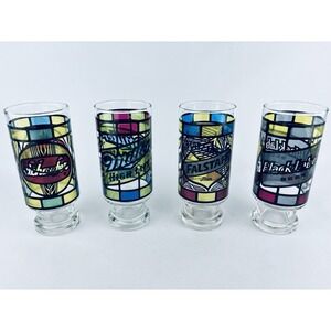 Vintage Set of 4 Stained Glass Beer Glasses Black Label Schaefer Miller Schlitz